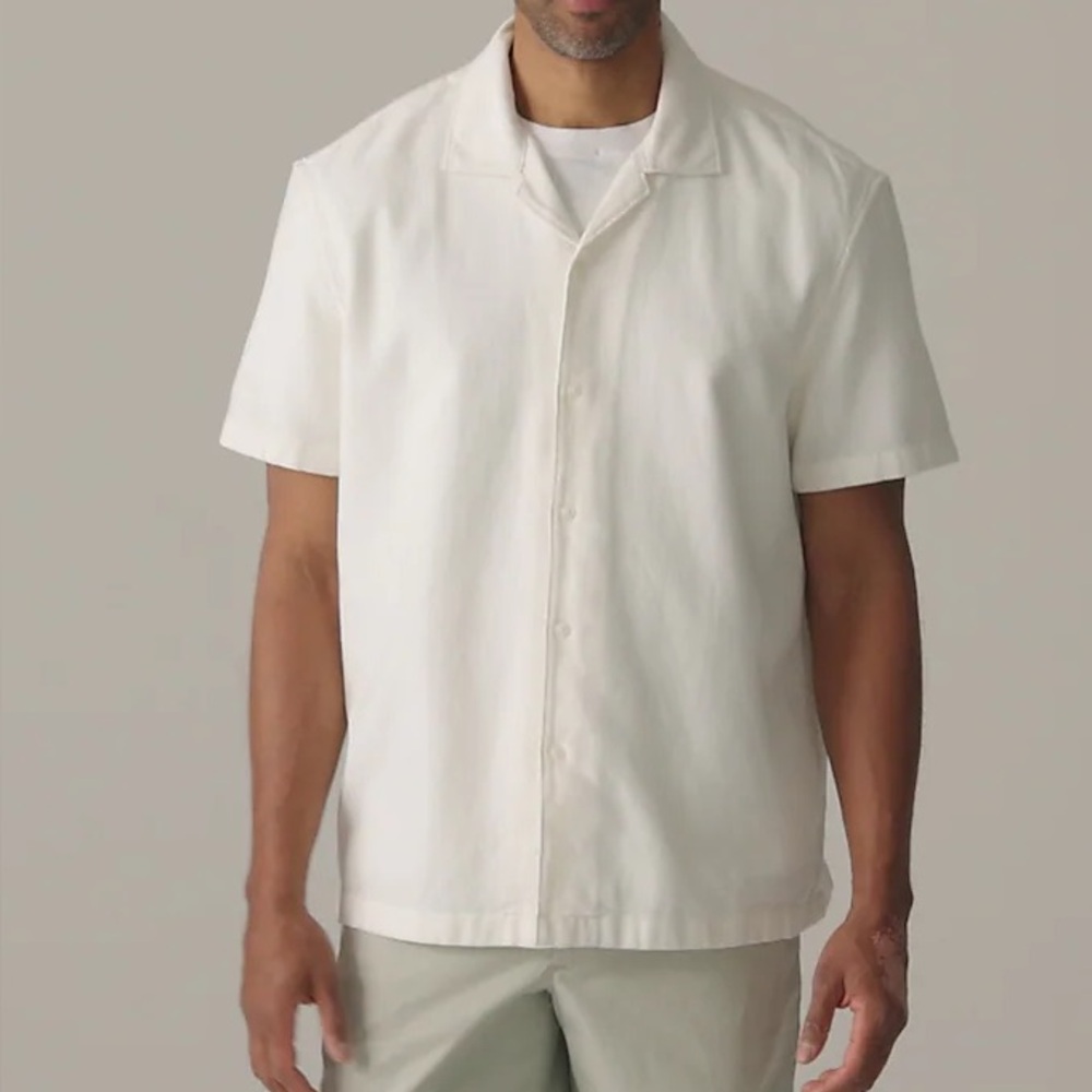 J.Crew Men’s Camp Collar Textured Short Sleeve Button Front Shirt Cream Ivory L